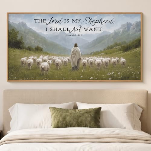 LHIUEM Large Christian Bible Verse Framed Canvas Wall Art,Jesus with Lamb Wall Decor,Vintage Religious Art Prints,Faith Scripture Landscape Artwork for Living Room,Prayer Room,Church -20"x40"x1 - Image 5