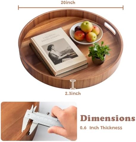 20 Inch Ottoman Coffee Table Tray with Handles, Large Round Wooden Serving Tray, Big Decorative Kitchen Organizer Giant Sofa Storage Trays Huge Counter Serveware - Image 7