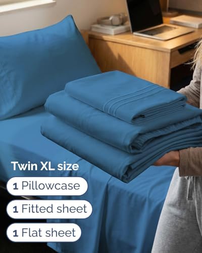 Twin XL 3 Piece Sheet Set - College Dorm Room Essentials - Denim Blue - Image 3