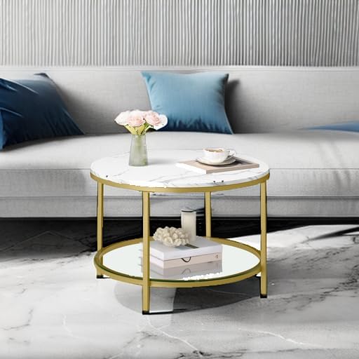 VASAGLE Round Coffee Table, 2-Tier, Faux Marble Top, Glass Storage Shelf - Image 6
