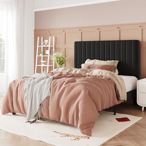 Allewie Twin Bed Frame, Velvet Upholstered Platform Bed with Adjustable Vertical Channel Tufted Headboard, Mattress Foundation with Strong Wooden Slats, Box Spring Optional, Easy Assembly, Black by Allewie