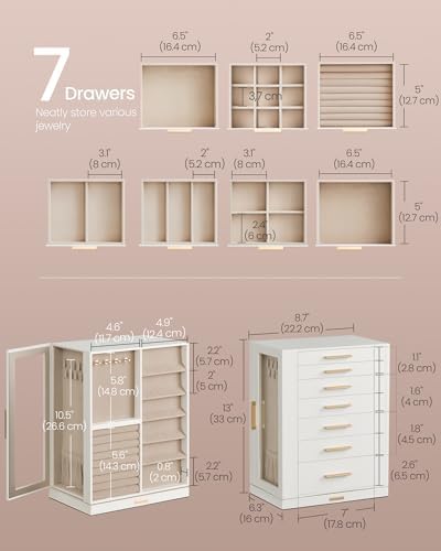 SONGMICS Jewelry Box Organizer, 360° Rotating, 7 Drawers, Cloud White - Image 4