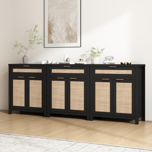 HOKYHOKY 90" Rattan Sideboard Buffet Cabinet, Boho Storage Cabinet, 3PCS by HOKYHOKY