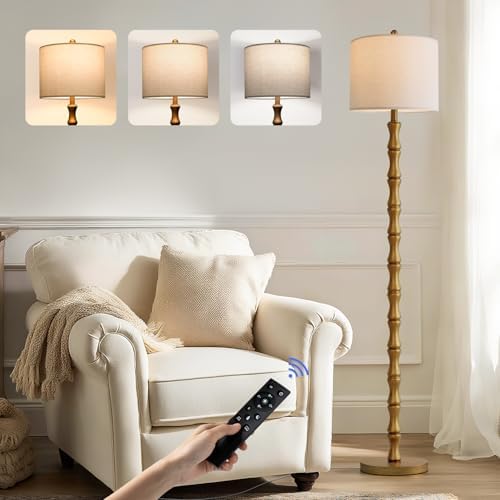 BOBOMOMO 62" Rustic Farmhouse Floor Lamp Antique Gold with Remote & Dimmable 9W Bulb, 3 Color Temperatures Resin Standing Lamp, Retro Tall Lamp for Living Room, Bedroom, Nursery, Office, Reading Nook by BOBOMOMO