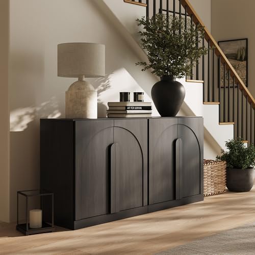 BELLEZE Set of 2 Modern Sideboard Buffet Cabinets (63" Wide)-Large Sideboard Credenza with Arched Doors-Seamless Hidden Organization Console for Living Area-Ebony - Image 6