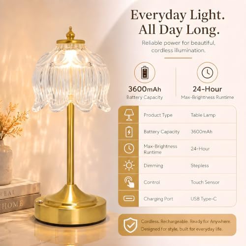 Lotus Flower Table Lamp, Cordless Rechargeable Amber Glass Bedside Lamp | 3600mAh Battery, Touch Control, 3 Color Modes & Stepless Dimming for Bedroom, Nightstand Clear White 2PC - Image 7