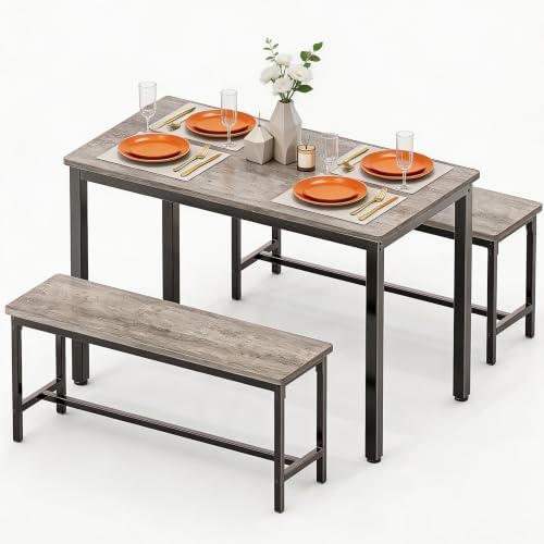 Dining Table Set for 4, 3 Piece Dining Room Table Set for Space-Saving, Modern Kitchen Table with 2 Benchs for Apartment Breakfast Nook and Samll Space, Grey by Minicloss