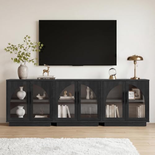 Fatmok Modular Entertainment Center & Buffet Cabinet, Extra Long Sideboard TV Stand with Arched Glass Doors, Modern Wooden Storage Cabinet for Living Room, Black Grey(DCCD,4-Piece) - Image 6