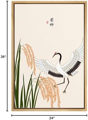 NWT Framed Canvas Print Wall Art Asian Style White & Red Crane in Marsh Field Birds Plants Illustrations Modern Art Rustic Scenic Colorful Pastel for Living Room, Bedroom, Office - 24"x36" Natural - Image 6