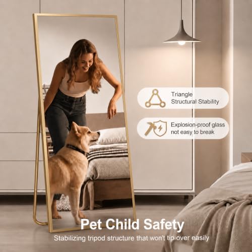 Aluminum Frame Mirror, 59"x16" Full Length Mirror with Stand, Free Standing Leaning Mirror Hanging Mounted Mirror for Bathroom Living Room, Gold - Image 4