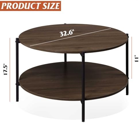 WLIVE Round Coffee Table for Living Room, 32.6" Small Coffee Table with Open Storage Shelf, 2-Tier Industrial Circle Wood Center Table for Bedroom, Home Office, Brown Walnut - Image 3