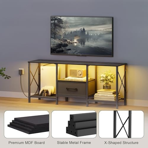 JARHETUN LED TV Stand with Fabric Drawer, Entertainment Center for 50 55 Inch TV, Industrial TV Console Table with Open Storage Shelves for Living Room, Bedroom, Black - Image 6