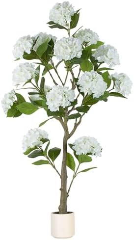 BLOSMON 5ft White Hydrangea Artificial Trees for Front Porch Planters by Blosmon