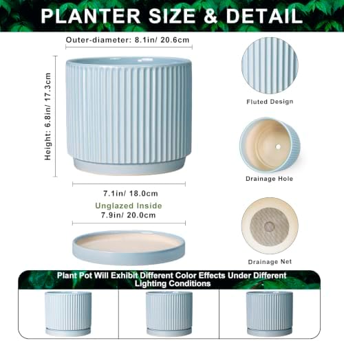 Ceramic Planter, 8 Inch Flower Pots, Round Plant Pot, Light Blue - Image 2