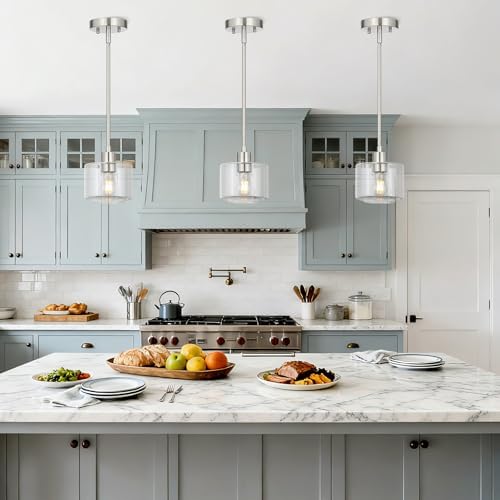 Brushed Nickel Pendant Lights Kitchen Island 2 Pack, Modern Clear Glass Hanging Light Fixtures with Rods, Mini Kitchen Pendant Lighting Over Island for Sink Bathroom, OS-YQ8153-2PBNC - Image 4