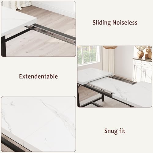 IDEALHOUSE 3 Piece Dining Table Set for 4-6, 63" Extendable Thick Metal Frame Kitchen Table with 2 Upholstered Benches Set for 6, Rectangle Wooden Dinette Table Set for Dining, Apartment, Marble White - Image 4