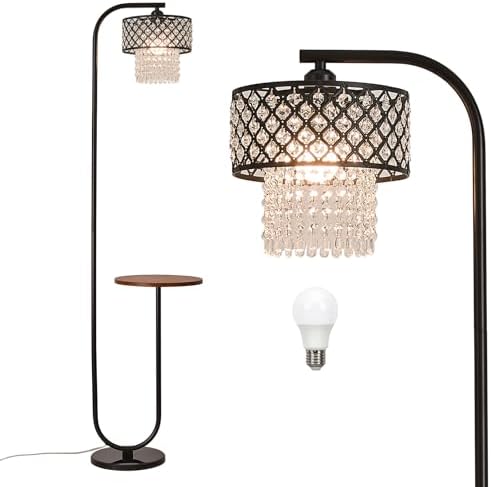 Hsyile Crystal Floor Lamp for Living Room - Marble Base Modern Tall Stand Up Light with Table,Contemporary Over the Couch Lamp Standing Lamps for Bedroom Office Living Room (Black+Mesh Lampshade) by Hsyile