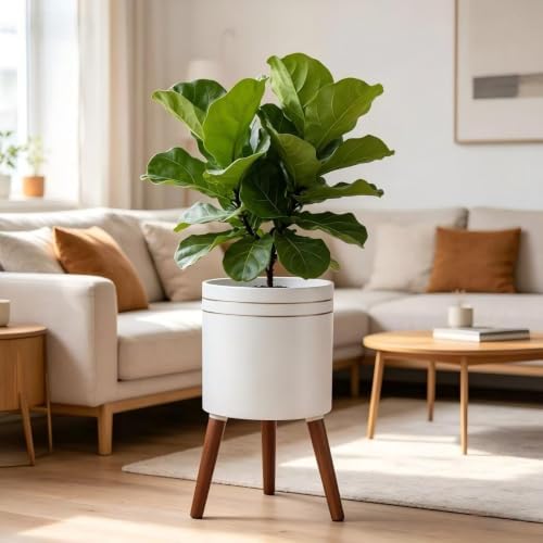 12 Inch Plant Pot with Oak Wood Stand, Large Planter for Indoor Plant, Simple Modern Flower Pot Flower Pot with Drainage Hole for Outdoor - Image 3