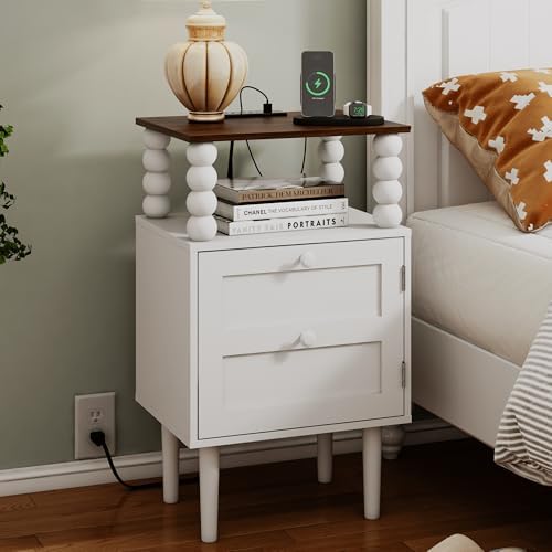Veegle White Nightstand with Charge Station,Modern Bedside Table with Storage Drawer and Open Wood Shelf, for Bedroom and Small Spaces,Night Stand with Solid Wood Legs (White) by Unknown