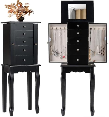 Giantex Standing Jewelry Armoire Cabinet with 4 Drawers, Flip Top Mirror, Top Storage Compartments, 2 Side Doors with 8 Necklace Hooks, Freestanding Jewelry Organizer Box Chest (Black) by Giantex