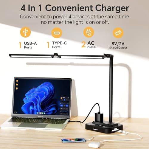 LED Desk Lamp for Home Office: Desk Light Double Head Adjustable with Power Strip 2 AC Outlets, USB-C USB-A Charging Ports Surge Protection, Foldable Table Lamp for College Dorm Room Essentials - Image 2