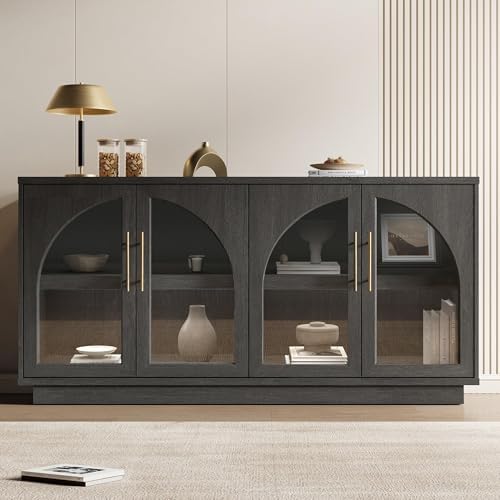 Fatmok 30.7" Tall Modern TV Stand with Arched Glass Doors,Grey Black Oak - Image 3