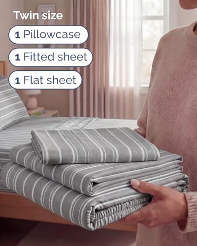 Twin Size 3 Piece Sheet Set - Breathable & Cooling Sheets - Grey Stripes - Image 3