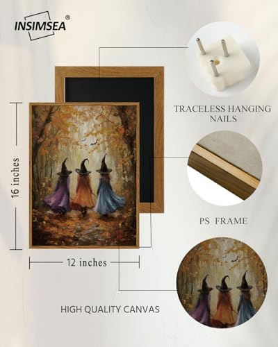 InSimSea Framed Canvas Wall Art, Fall Witch Picture, Vintage Halloween Decor for Living Bedroom Hallway Entryway Fireplace, Autumn Forest Decor, 12x16 Inch - Image 4