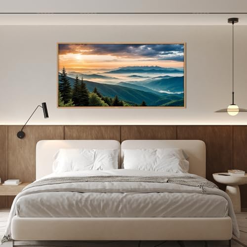 LHIUEM Large Nature Mountain Sunrise Framed Canvas Wall Art, Modern Misty Tree Wall Decor, Boho Forest Green Landscape Artwork, 20"x40"x1 - Image 5