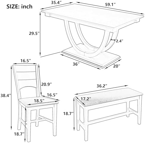 LUMISOL 6-Piece Dining Table Set for 6, Farmhouse Kitchen Dining Room Table Set with Recantgle Table and Upholstered Bench and Chairs, Light Natural - Image 4