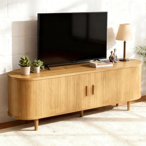 58" Mid Century Modern TV Stand, Wood TV Consoles with Sliding Doors and Power Outlet, Entertainment Center with Adjustable Shelves, Fluted TV Stands for Living Room, Oak by Unknown