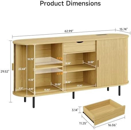 ONBRILL 63" Sideboard Buffet Cabinet with Storage Drawer & Shelves,Oak - Image 2