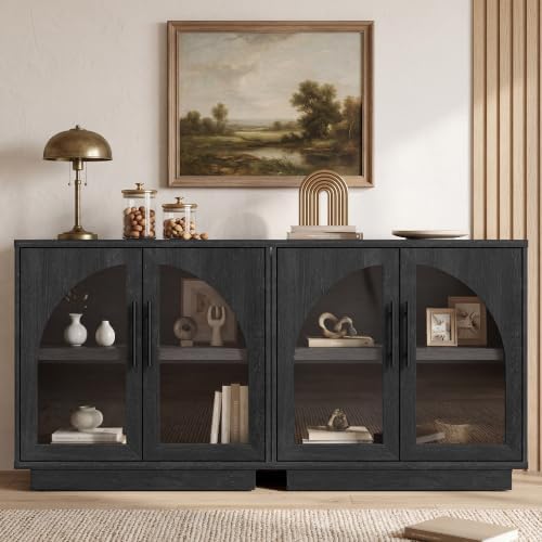 Fatmok Arched Glass Sideboard Buffet Accent Cabinet, 31.5" Display Credenza with Adjustable Shelf,2-Piece Modular Coffee Station Storage for Kitchen Living Room Bedroom, Black Grey by Fatmok