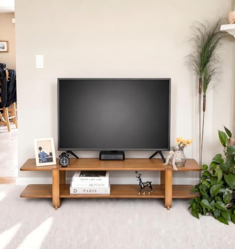HollyHOME Bamboo TV Stand with Storage for TVs up to 65'', Modern Entertainment Center with 2 Open Shelf, Accent TV Media Console Table for Living Room, Bedroom, 55"(L), Walnut - Image 3