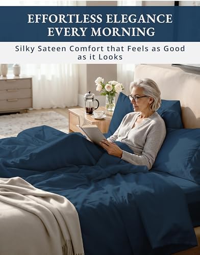 LANE LINEN King Size Sheets Deep Pocket Set Sateen Weave - Estate Blue - Image 5