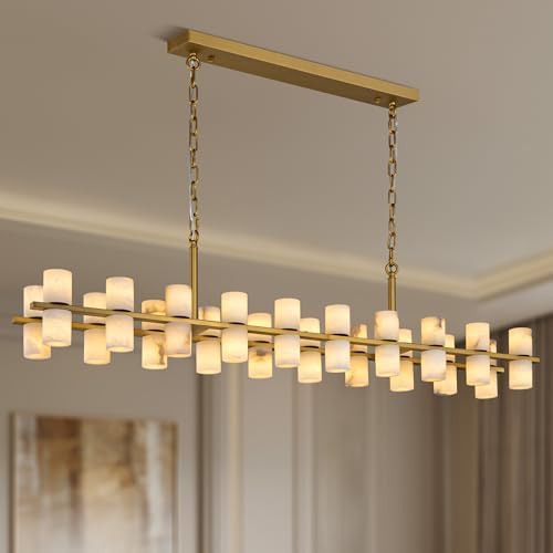 Alabaster Rectangular Chandelier for Dining Room, L54in Modern Chandeliers, Adjustable Marble Pendant Light Fixture, Rectangle Chandelier for Dining Table Living Room Kitchen Island(Brass) by Unknown