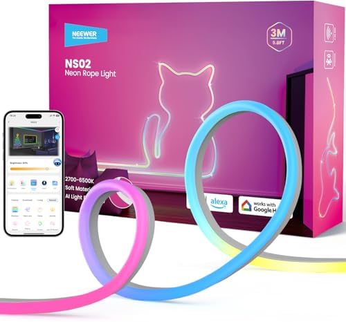 NEEWER 9.84ft/3m LED Strip Lights, Smart AI RGB IC Flexible Cuttable Neon Rope Light, App Control, Bedroom Gaming Room Indoor Studio Home Wall Decor, Compatible with Google Assistant Alexa, NS02 by Neewer