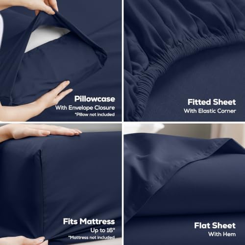 California King Sheets Set, 4 Pieces 16" Deep Pocket Bed Sheets, Navy Blue - Image 3