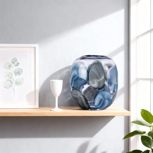 Hand Blown Blue Glass Vase, 8.5 in Round Wide Mouth Blue Gray Vase, Decorative Glass Vase for Flowers, Coastal Home Decor Centerpiece for Table, Shelf, Entryway, in The Bathroom, or Living Room - Image 7