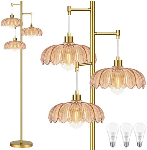 QIYIZM Glass Floor Lamp for Living Room,Bedroom,Gold Mid Century Modern Standing Lamp Brass Tree 3 Light Tall Floor Lamps Vintage Retro Floor Lights Flower Lamp Shade Farmhouse Boho Bohemian by QIYIZM