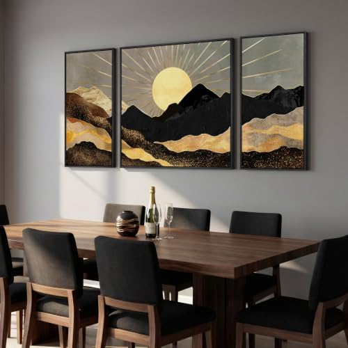 Extra Large Framed Black Gold Boho Wall Art for Living Room, 3 Piece Set - Image 2