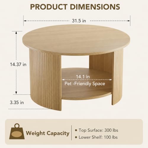 Round Coffee Table with Storage, 31.5" Modern Fluted Center Table, 2-Tier Mid Century Coffee Table, Wood Circle Table for Living Room, Home Office, Small Space, Oak - Image 2