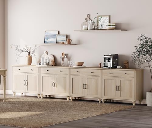 WAMPAT Farmhouse Buffet Cabinet with 8 Doors and 4 Drawers, Beige, 136 inch - Image 3