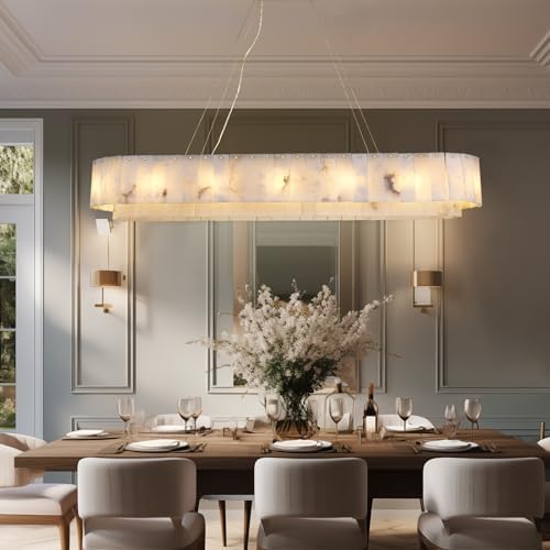 L54in Alabaster Chandelier for Dining Room, Rectangular Modern Chandelier, Spanish Natural Marble Chandeliers, 2-Tiers Pendant Lights Kitchen Island, Chandelier for Living Room, For Foyer, Entryway - Image 2