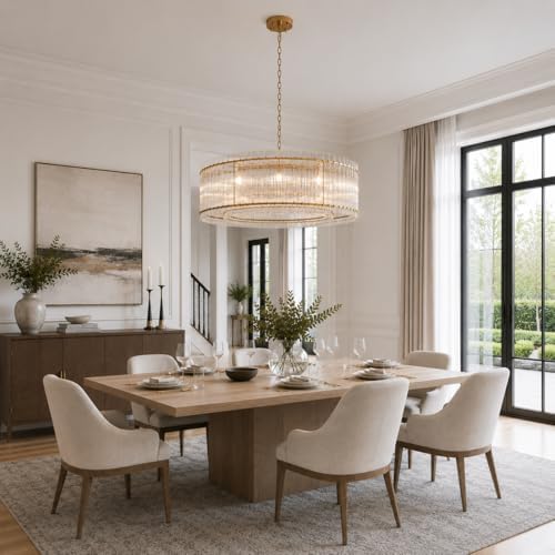 48-Inch Ripple Glass Chandelier, 2-Tier 10-Light Large Brass Round Chandelier for Dining Rooms, Living Rooms, Foyers, Staircases, Open-Concept Spaces & High Ceilings - Image 5
