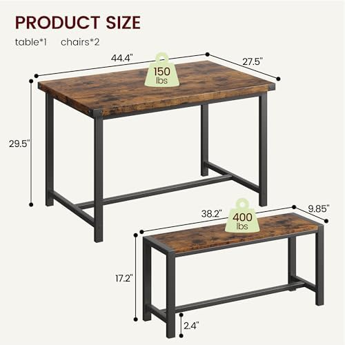 GarveeHome Dining Table Set for 4, Kitchen Table with 2 Metal Wood Benches, Rectangular Room Dining Table Set, 3 Piece Bench Table Set for Small Space, Apartment, Studio, Rustic Brown - Image 6