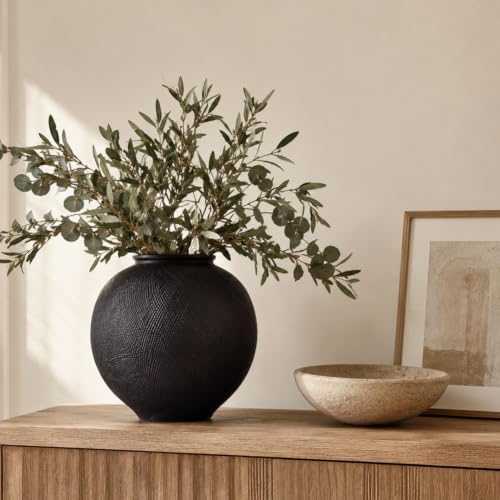Large Blak Ceramic Vase - 9 Inch Large Black Round Vase, Rustic Farmhouse Vase for Home Decor, Dining Table, Shelf, Bedroom, Living Room, Kitchen, Office, Bathroom, Mantle, Centerpiece Décor - Image 3