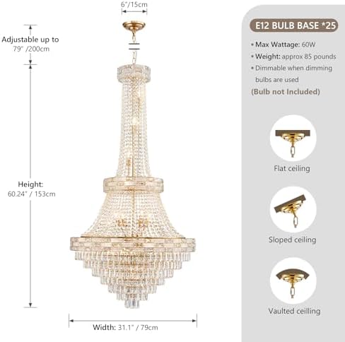 25-Light Gold Crystal Chandelier, 3-Layer High Ceiling Hanging Chandeliers Modern Large Chandeliers Light Fixture for High Ceilings,Entryway,Foyer,Staircase,Hallway,Living Room(H60 x D31) - Image 3