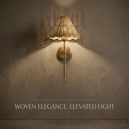 Rattan Wall Sconce Set of 2, Hardwired Boho Wall Sconces with Handwoven Rattan Shade, Gold Wall Lights for Bedroom, Bedside, Hallway, Living Room - Image 2
