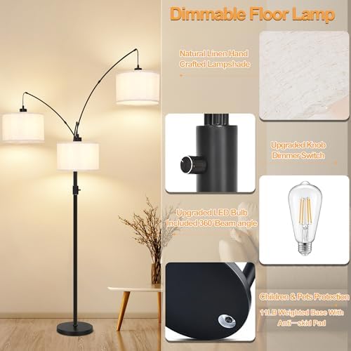 AHDWDW Dimmable Arc Floor Lamp-3 Lights Floor Lamps for Living Room,Modern Tall Standing Lamp with Beige Drum Shades&Heavy Base,Mid Century Tree Floor Lamp for Bedroom Corner Office,Bulbs Included - Image 3